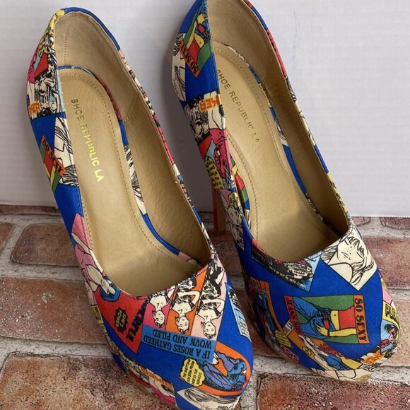 Shoe Republic LA. Size-9- Blue Comic Book stiletto platform heels - Picture 3 of 11
